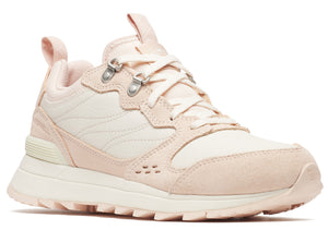 Beige and light pink casual sneaker with metal eyelets and white sole.