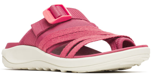 A pink slide sandal with straps across the vamp and a white sole.