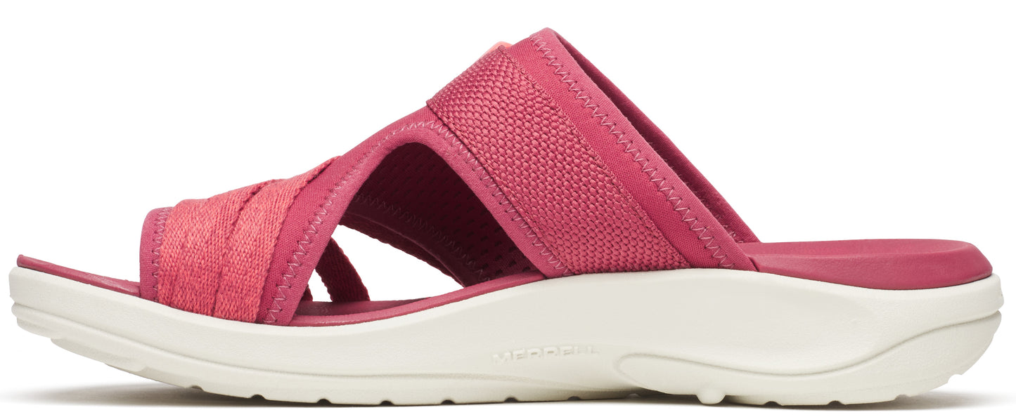 A pink slide sandal with a white sole.