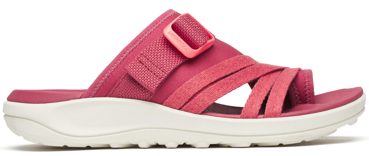 A pink sandal with a white sole and multiple straps.