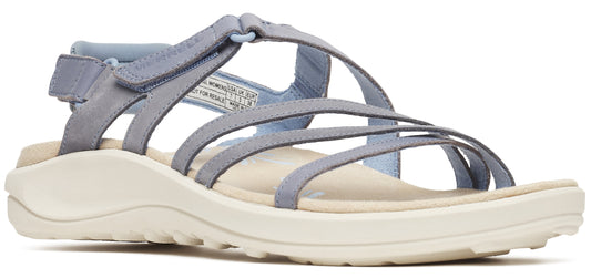 A light blue sandal with several straps and a white sole.