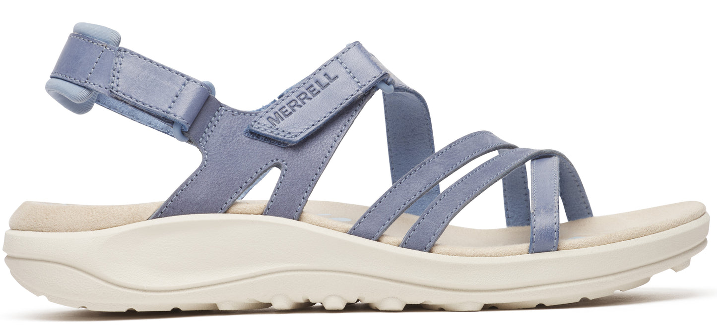 A blue sandal with multiple straps.