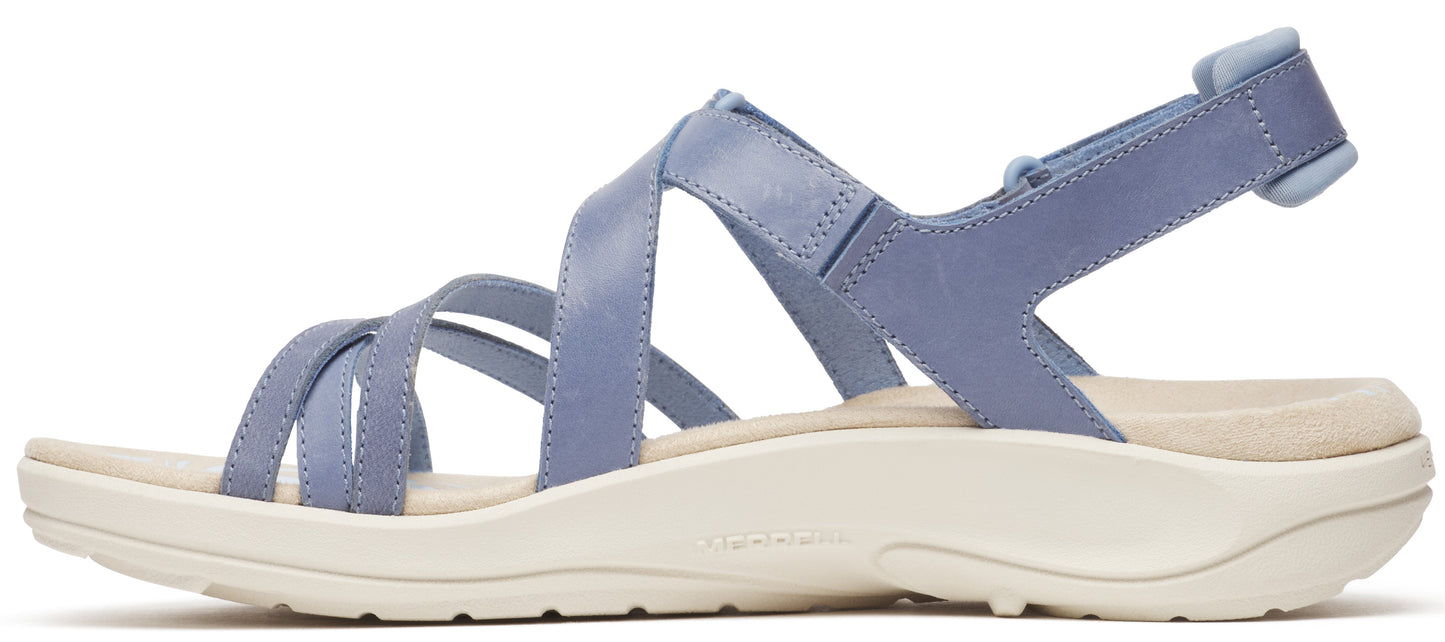 A women's periwinkle sandal with multiple straps and velcro closure.