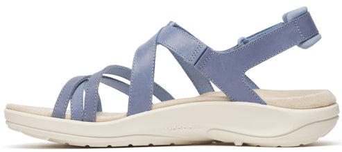 A women's periwinkle sandal with multiple straps and velcro closure.