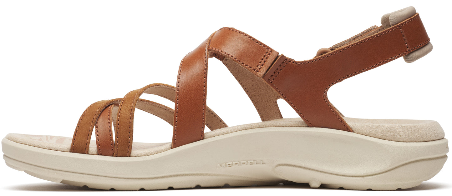 A tan leather sandal with multiple straps and a beige sole.