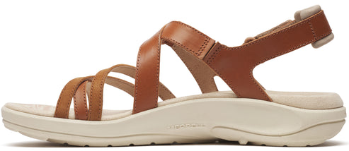 A tan leather sandal with multiple straps and a beige sole.