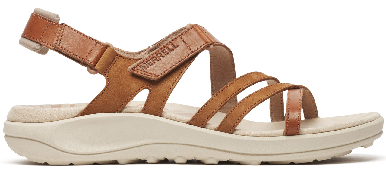 a tan sandal with multiple straps and an off-white sole