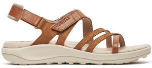 a tan sandal with multiple straps and an off-white sole