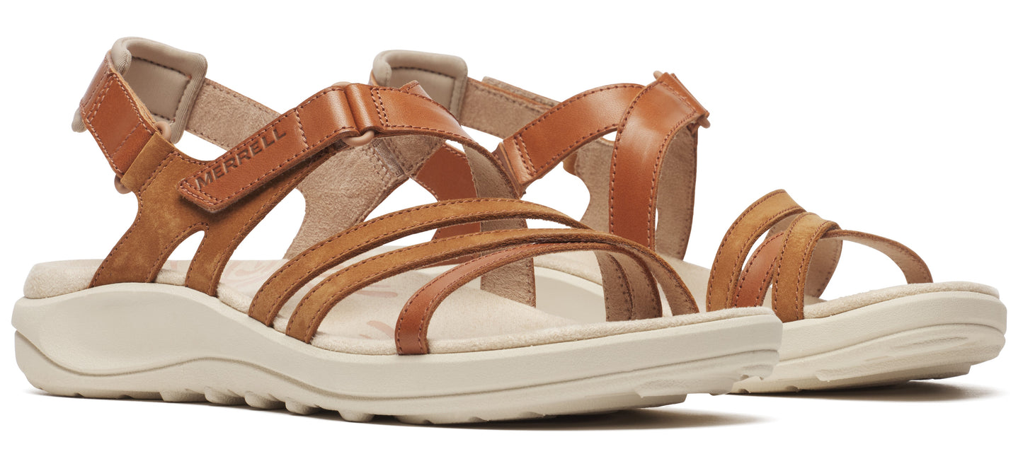 A pair of brown, open-toe sandals with multiple straps and a white sole.