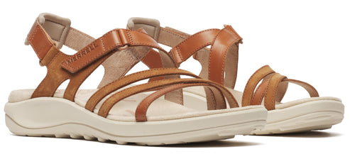 A pair of brown, open-toe sandals with multiple straps and a white sole.