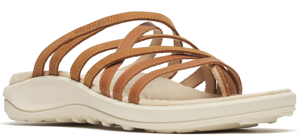 Brown sandal with multiple straps and a light colored sole.