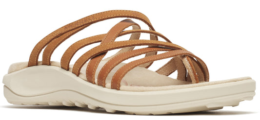 Brown sandal with multiple straps and a light colored sole.