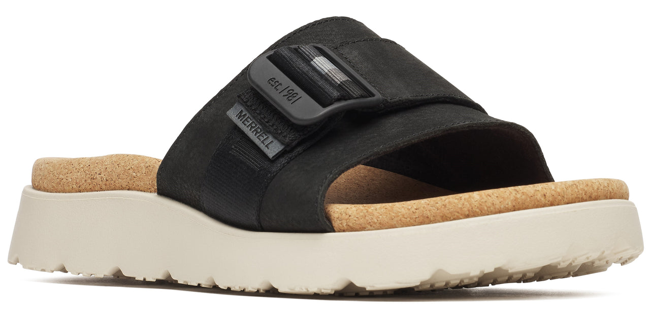 A black sandal with a thick, cork-like insole and a white, ridged sole, featuring adjustable straps with visible 'EST. 1981' and 'MERRELL' text.