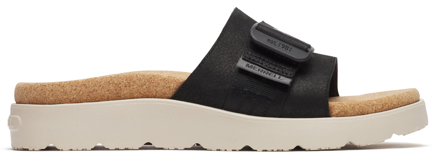 A black slide sandal with a tan footbed and off-white sole.