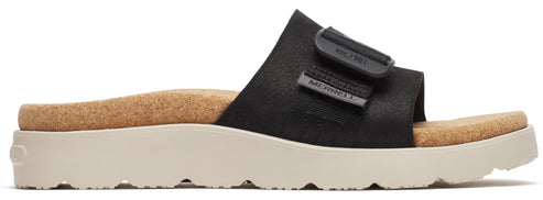 A black slide sandal with a tan footbed and off-white sole.