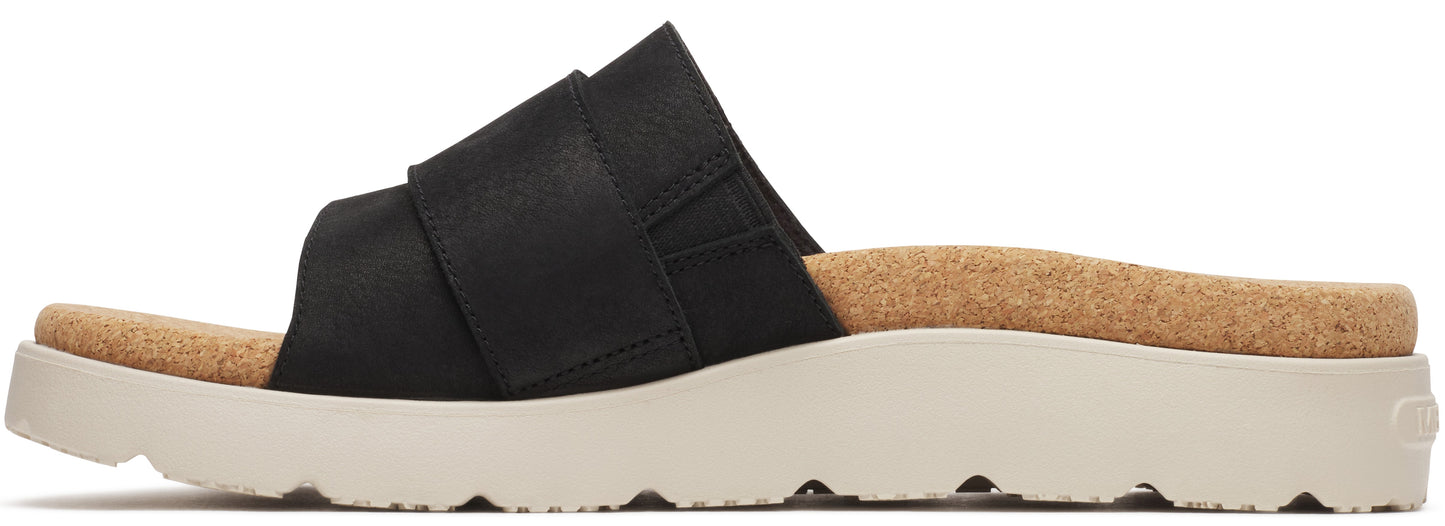 A slip-on sandal featuring a black upper and a thick, light-colored sole.