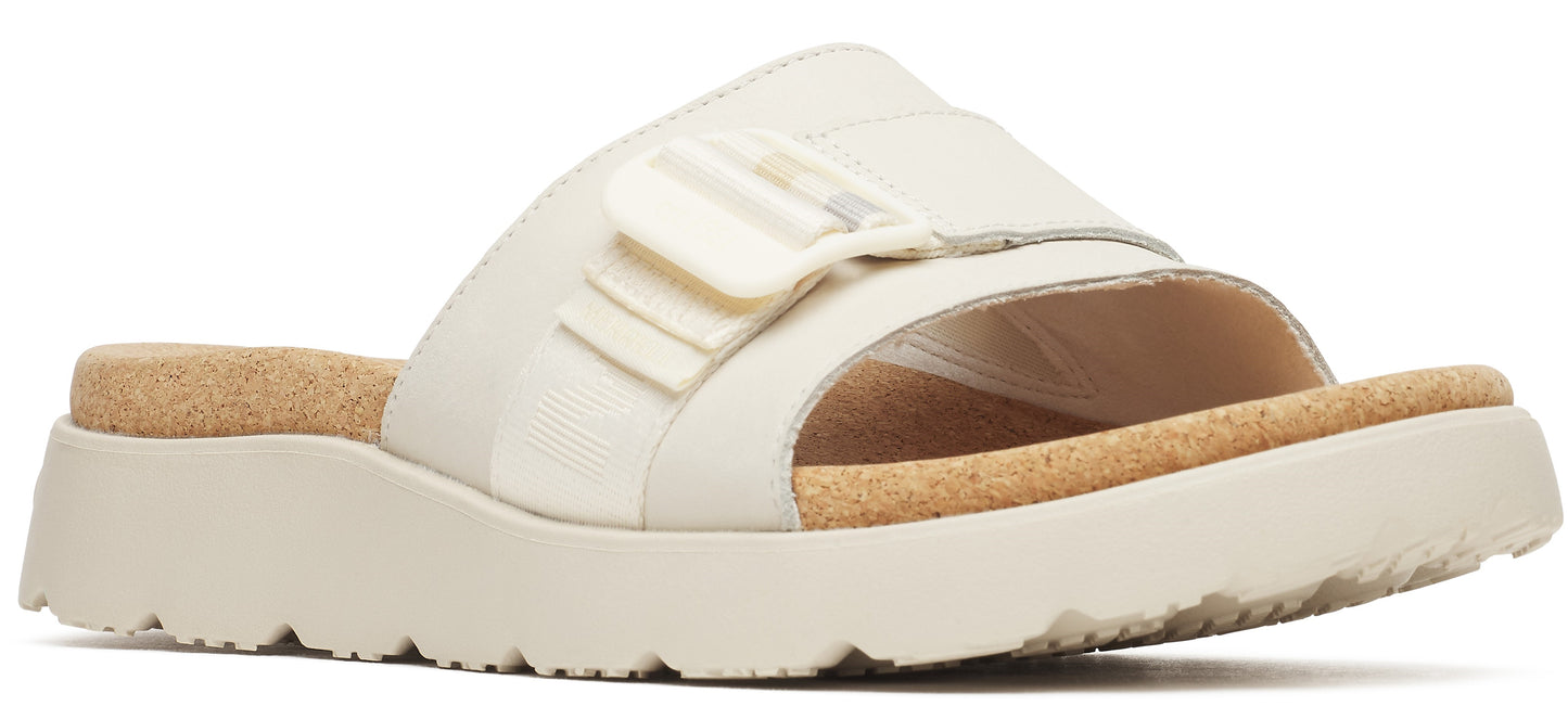 A white sandal with a thick cork and white sole.