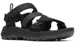 Black sandal with multiple adjustable velcro straps and thick, rugged sole.