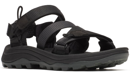 Black sandal with multiple adjustable velcro straps and thick, rugged sole.