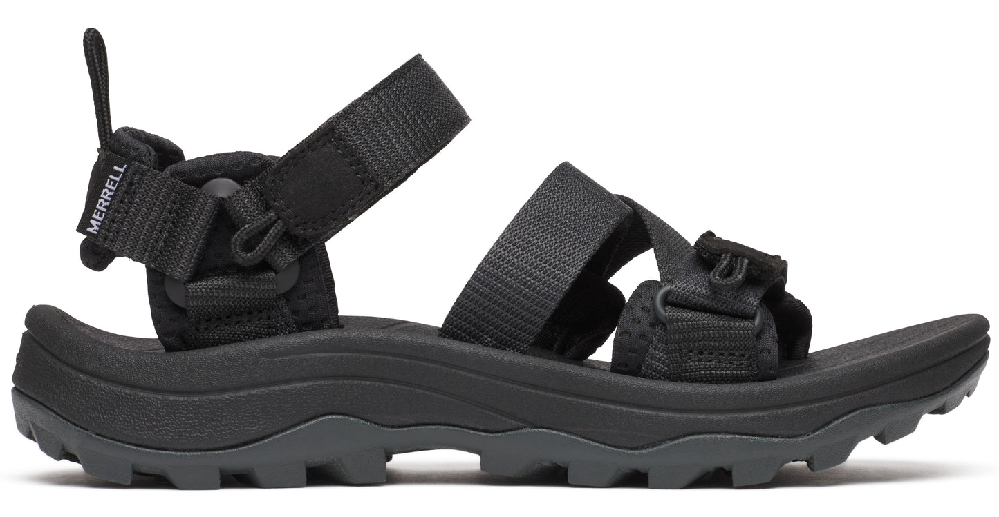 Black open-toed sandal with adjustable hook and loop straps and a pull tab.