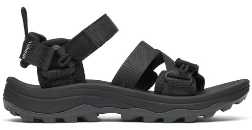 Black open-toed sandal with adjustable hook and loop straps and a pull tab.