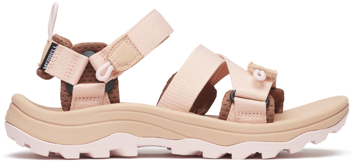 Tan and pink platform sandals with hook and loop straps.