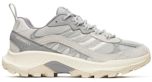 Light gray athletic shoe with thick white jagged sole, gray laces and the text "MERRELL" on the side.