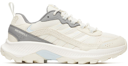 Off-white athletic shoe with white laces and a chunky white sole. "MERRELL" in gray is visible on the side.