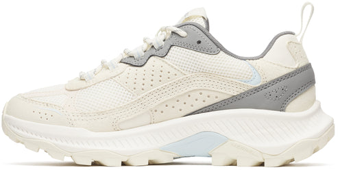 A trail running shoe with a neutral color scheme, featuring a layered upper, textured midsole, and lugged outsole.