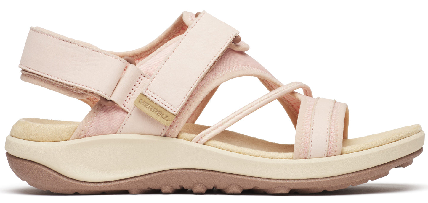 A light pink sandal with hook and loop straps, and a beige platform sole.