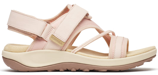 A light pink sandal with hook and loop straps, and a beige platform sole.