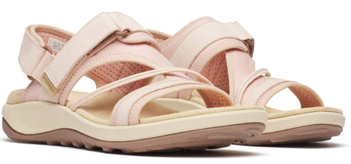 Pair of pink sandals with adjustable straps and a thick sole.