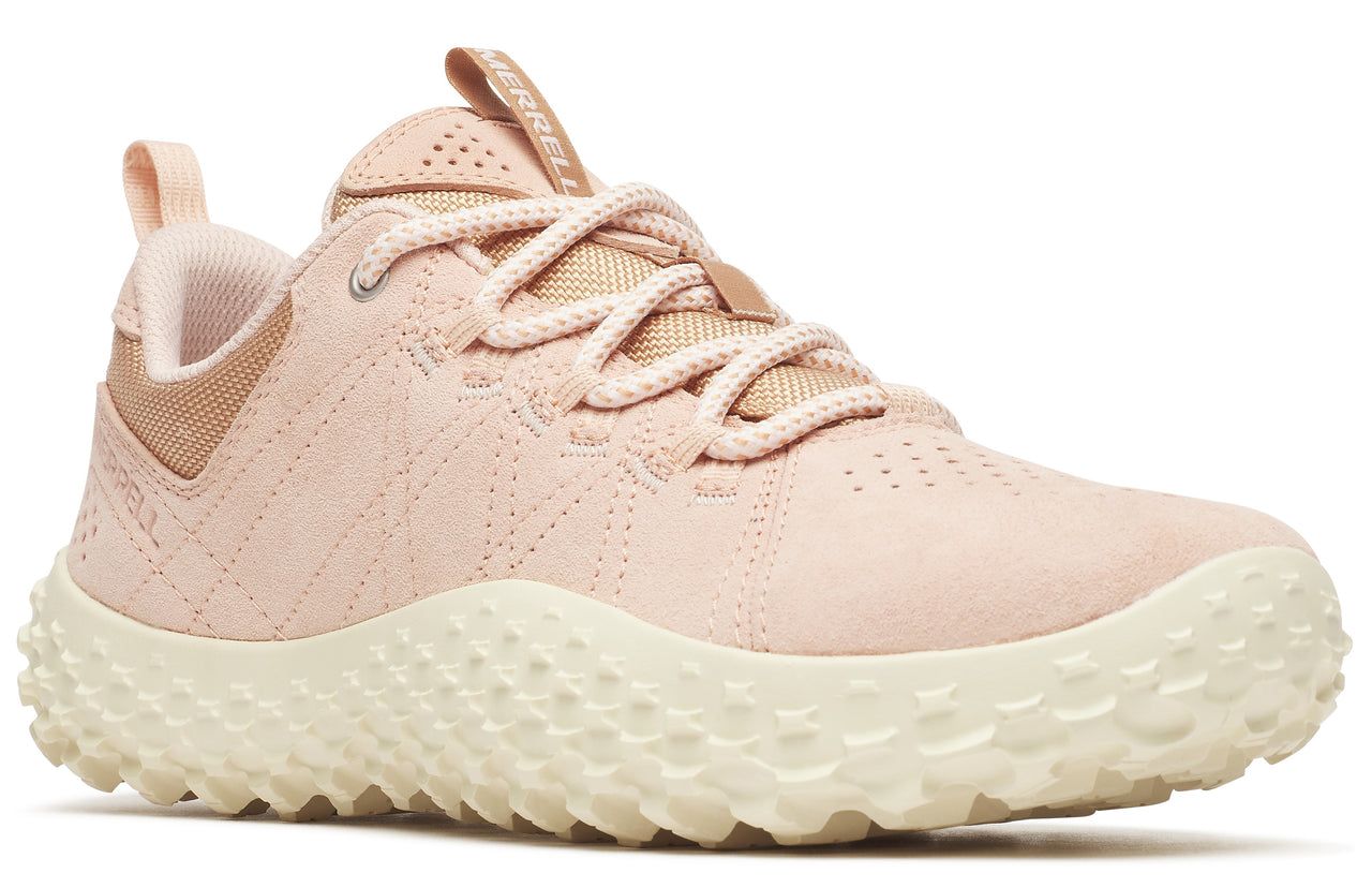 Low-top, light pink sneaker with light beige laces and chunky sole.