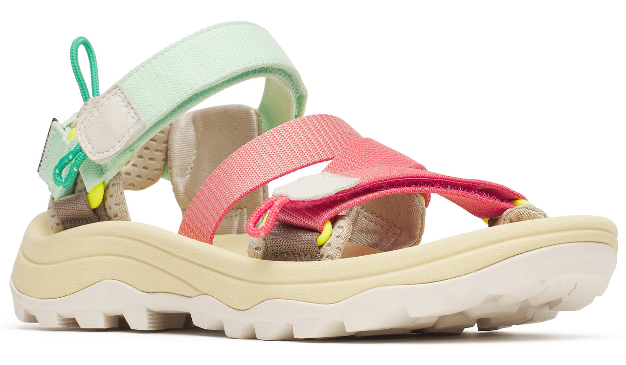 Sandals with beige soles, a peach strap across the front, and a mint strap around the ankle.