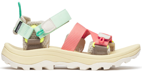 Side-profile view of open-toed beige sandal with white soles and adjustable pink and green straps.