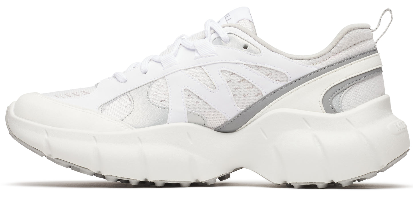 A white sneaker with white laces and gray accents.