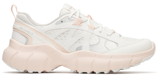 A white shoe with a pink sole.