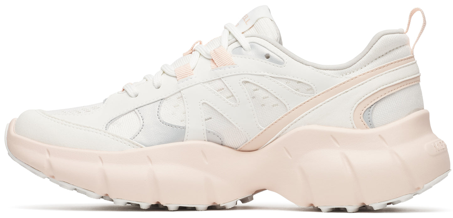 Off-white sneaker with thick, sculpted light pink sole.