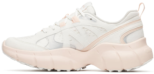 Off-white sneaker with thick, sculpted light pink sole.