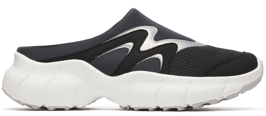 A black slip-on shoe with silver accents and a thick white sole.