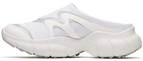 A white athletic slip-on shoe with a thick, segmented sole.