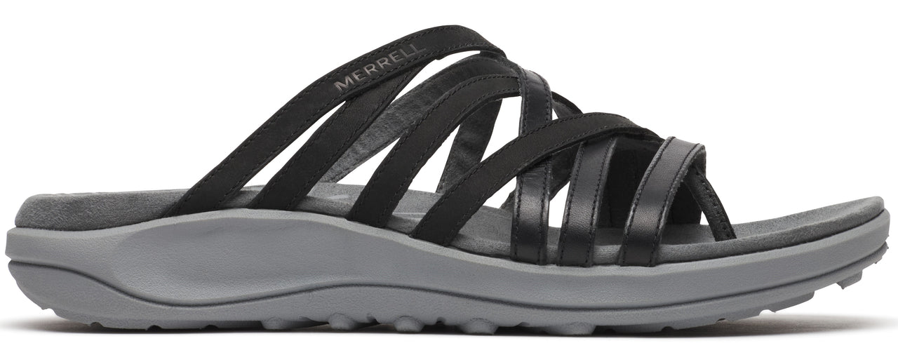 A sandal with multiple thin black straps over the top of the foot and a gray sole.