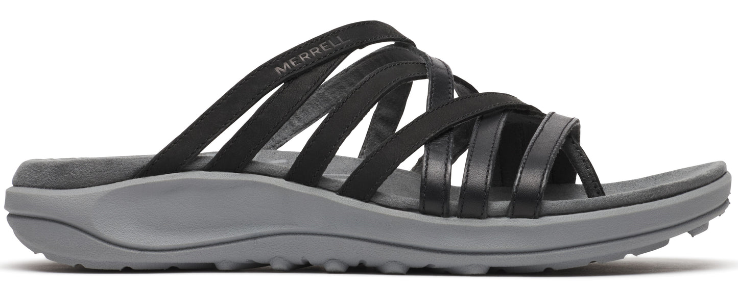 A sandal with multiple thin black straps over the top of the foot and a gray sole.
