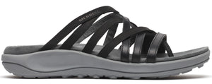 A sandal with multiple thin black straps over the top of the foot and a gray sole.