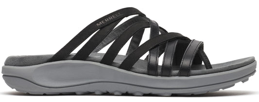 A sandal with multiple thin black straps over the top of the foot and a gray sole.