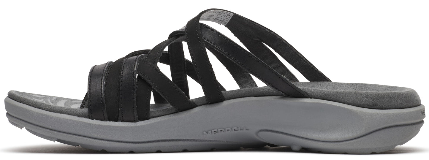 Black strappy sandal with a gray sole.