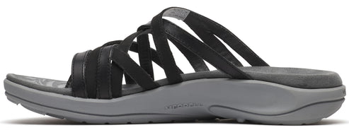 Black strappy sandal with a gray sole.