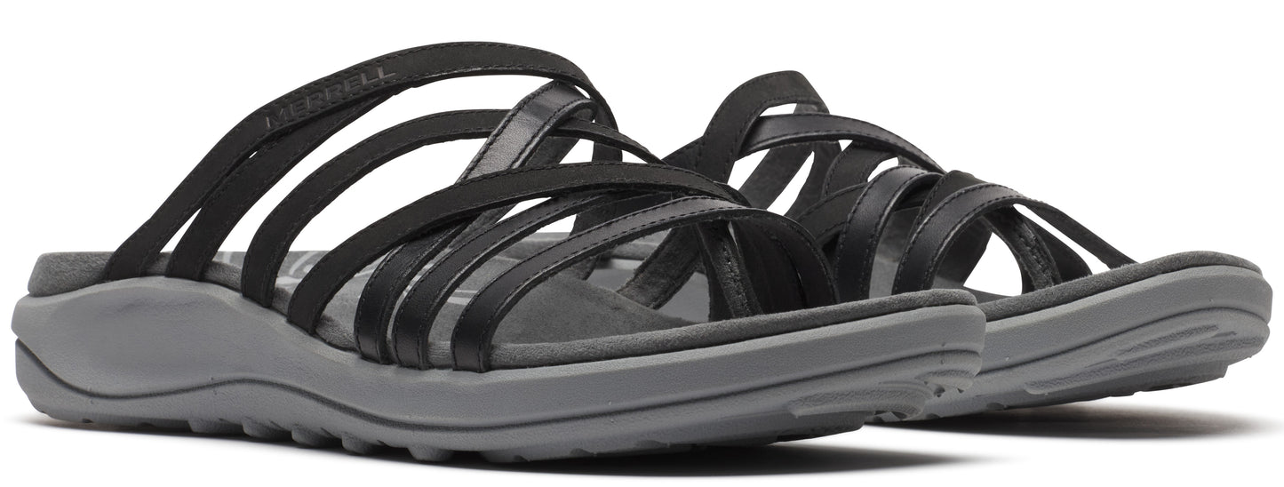 Two strappy black sandals with gray soles.