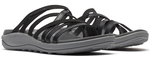 Two strappy black sandals with gray soles.