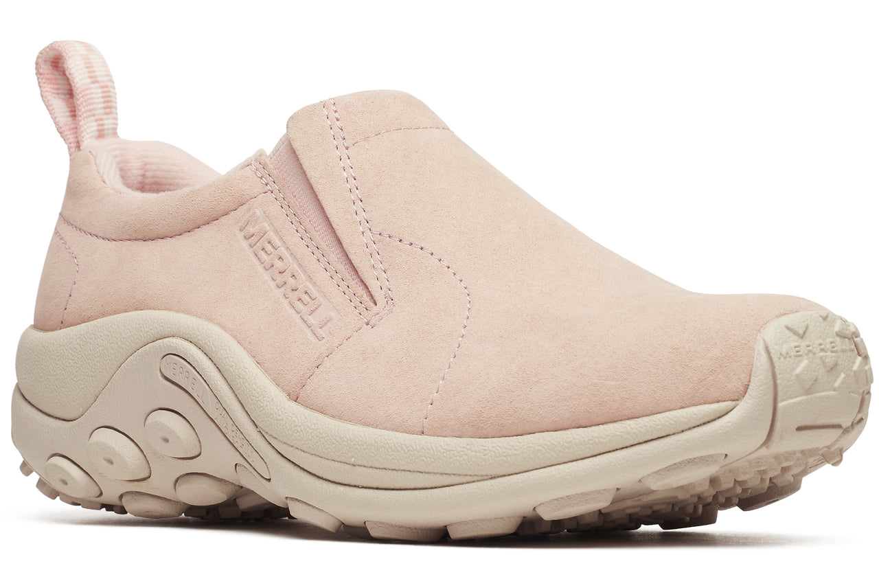 Slip-on shoe in blush pink suede with a pull tab at the heel, visible "MERRELL" text on the side, and chunky sole.